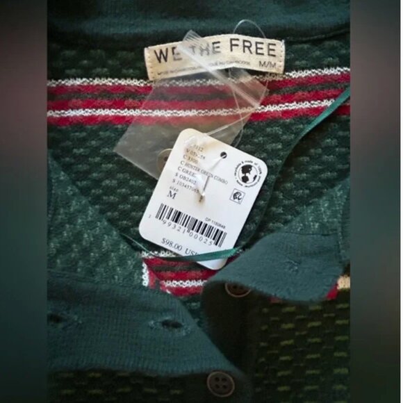 Free People NWT sweater polo green red holiday pattern top size M - Picture 5 of 7